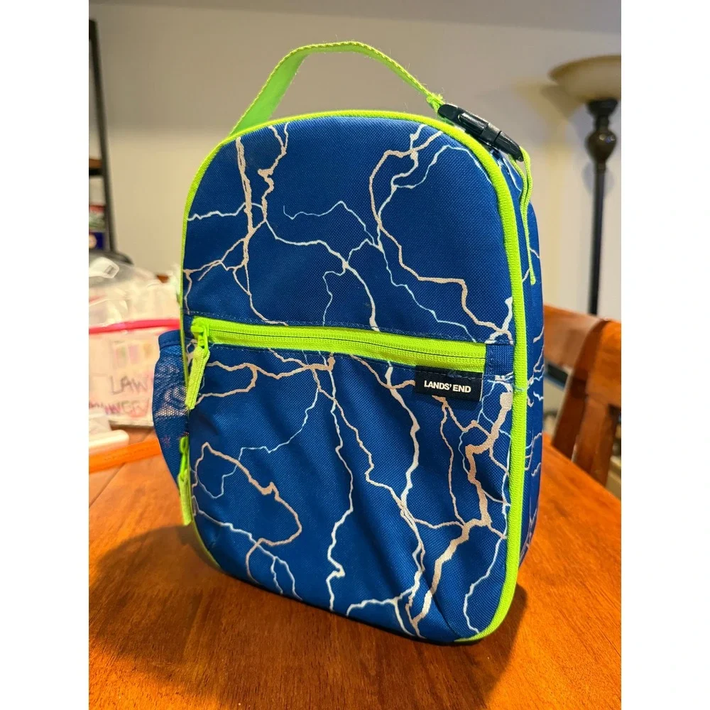Lands End Kids Blue Lightning Bolt Insulated Lunch Box Neon Green